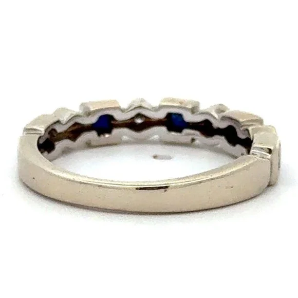Designer 14k White Gold Round Diamonds Square Sapphires Semi Eternity Band Ring